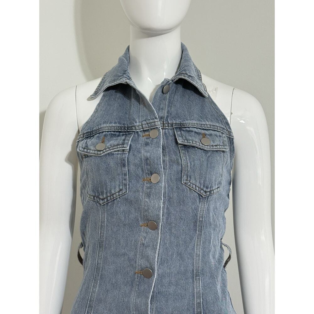 NWT Lulus Denim Buttons Mini Dress Halter Open Back Y2K Women’s XS - Picture 2 of 13